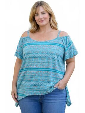 Rouge Cold Shoulder Lightweight Blue Summer Blouse Top 2X